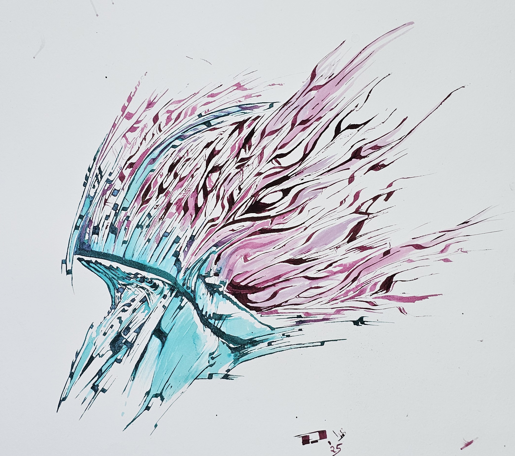 Abstract ink drawing of intertwined calligraphic lines and shapes, ranging from organic to flame-like to squared off. Both ink colors contain miniscule bits of metallic glitter; silver in the teal ink, gold in the burgundy. The lines and shapes shimmer in direct light.
